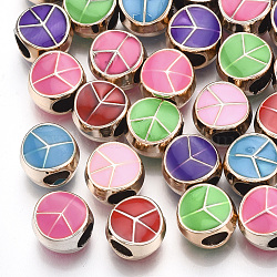UV Plating Acrylic European Beads, with Enamel, Large Hole Beads, Flat Round with Peace Sign, Mixed Color, Light Gold, 10x6.5mm, Hole: 4mm(X-OACR-T005-99KC)