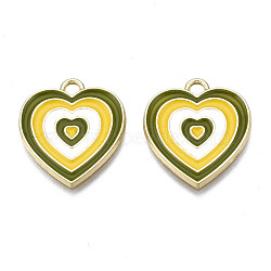 Rack Plating Light Gold Alloy Enamel Pendants, Cadmium Free & Lead Free, Heart, Olive Drab, 21.5x18.5x1.5mm, Hole: 2mm(ENAM-Q444-014K-RS)