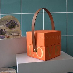Square Love Print Cardboard Paper Gift Box, Wedding Candy Totes with Imitation Leather Handle, Dark Orange, 10.2x10.2x10cm(CON-G019-01C)