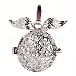 Rack Plating Brass Cage Pendants, For Chime Ball Pendant Necklaces Making, Hollow Round with Wing, Platinum, 26.5x29.5x20mm, Hole: 5x7mm, inner measure: 17mm(KK-S751-048P)