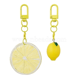 2Pcs Lemon Resin Pendant Decorations, Alloy Swivel Clasps Charms for Bag Ornaments, Yellow, 80~100mm(HJEW-JM02549)