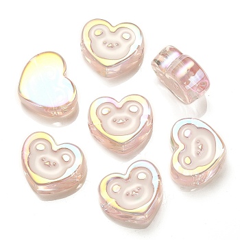UV Plating Rainbow Iridescent Acrylic Enamel Beads, Heart with Bear Pattern, Pink, 17.5x20x9mm, Hole: 3.5mm