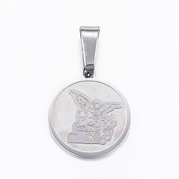 304 Stainless Steel Pendants, Flat Round with Angel, Stainless Steel Color, 17x15x1mm, Hole: 8x4mm