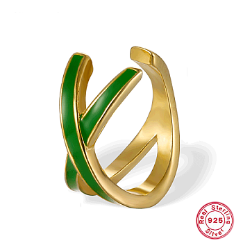 Real 18K Gold Plated 925 Sterling Silver Criss Cross Cuff Earring, with Enamel, Green, 13x13mm