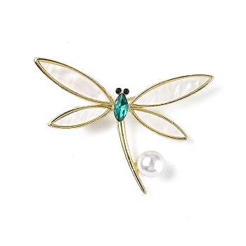 Rhinestonoe Dragonfly with Plastic Imitation Pearl Brooch Pin, Light Gold Alloy Badge for Backpack Clothes , Erinite, 45x50x9mm
