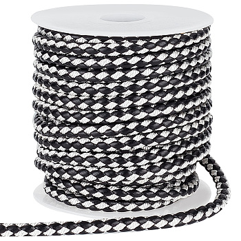 10M Round Imitation Leather Braided Cords, White, Black, 5.5mm, about 10.94 Yards(10m)/Roll