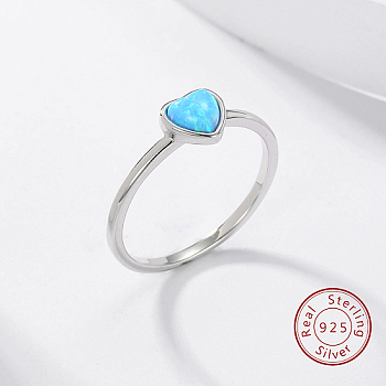 Light Sky Blue Synthetic Opal Heart Finger Ring, 925 Sterling Silver Rings, Silver, Inner Diameter: 16mm