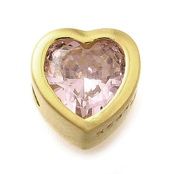 925 Sterling Silver Cubic Zirconia Beads, Heart, with 925 Stamp, Golden, Pink, 6.5x6.5x4.5mm, Hole: 1.5mm