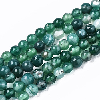 Natural Striped Agate/Banded Agate Beads Strands, Dyed, Round, Green, 4.5mm, Hole: 1mm, about 95~99pcs/strand, 14.96 inch~15.20 inch(38cm~38.6cm)