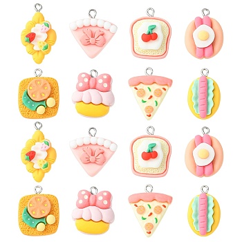 40Pcs 8 Styles Opaque Resin Pendants, Imitation Food Charm, with Platinum Tone Iron Loops, Cookie & Pizza & Croissant & Hot Dog, Mixed Shapes, Mixed Color, 24~30x16~24x7~10mm, Hole: 2.2mm, 5pcs/style