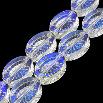AB Color Plated Electroplate Transparent Glass Beads Strands, Oval with Flower, Blue, 14x10.4x4.8mm, Hole: 1.2mm, about 45pcs/strand, 25.04 inch(63.6cm)