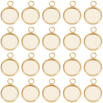 40Pcs 304 Stainless Steel Pendant Cabochon Settings, Plain Edge Bezel Cups, Flat Round, Real 24K Gold Plated, Tray: 10mm, 15x12x2mm, Hole: 2.2mm