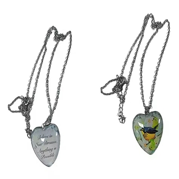 Heart Glass Pendant Necklaces, with Platinum Alloy Chains, Green Yellow, Pendant: 23x25mm