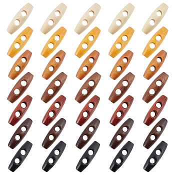 70pcs 7 colors Natural Wood Buttons, Horn Toggle Buttons, 2-Hole, for Sewing Accessories, Mixed Color, 35x12mm, Hole: 5~6mm, 10pcs/color