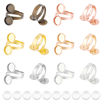 DIY Blank Dome Finger Ring Making Kit, Including Brass Cuff Finger Rings Components with Double Flat Round Settings, Glass Cabochons, Mixed Color, Inner Diameter: 20.1mm, 48Pcs/box