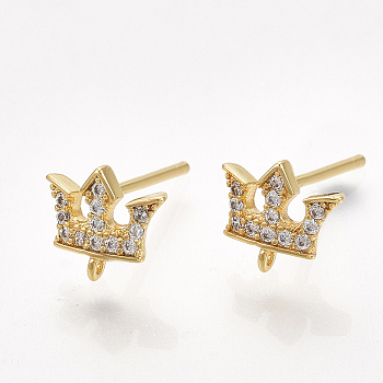 Brass Cubic Zirconia Stud Earring Findings, with Loop, Crown, Nickel Free, Real 18K Gold Plated, Clear, 7x8mm, Hole: 0.8mm, Pin: 0.7mm