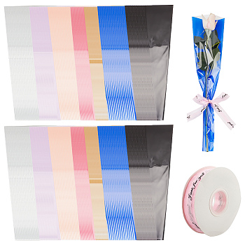 210Pcs 7 Colors Plastic Flower Bouquets Wrapping Packaging, with 1 Roll Polyester Printed Organza Ribbons, Suitable for Gift Giving Decoration, Mixed Color, Flower Wrapping: 45x11.5x0.01cm, 30pcs/color