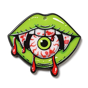Acrylic Pendant, Lip with Eye, Lawn Green, 35x39.5x2.5mm, Hole: 1.8mm