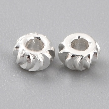 Brass Beads, Long-Lasting Plated, Corrugated Rondelle, 925 Sterling Silver Plated, 2.5x1.5mm, Hole: 1mm