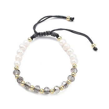 Adjustable Natural Pearl & Glass & Brass Braided Beaded Bracelet for Women, Light Grey, Inner Diameter: 1-3/4~3-1/8 inch(4.6~7.9cm)