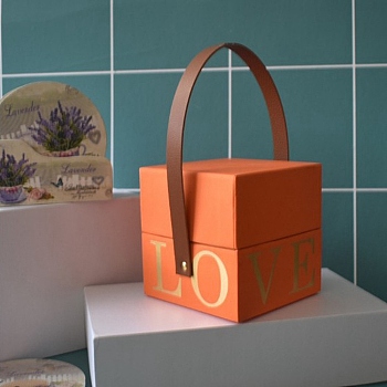 Square Love Print Cardboard Paper Gift Box, Wedding Candy Totes with Imitation Leather Handle, Dark Orange, 10.2x10.2x10cm
