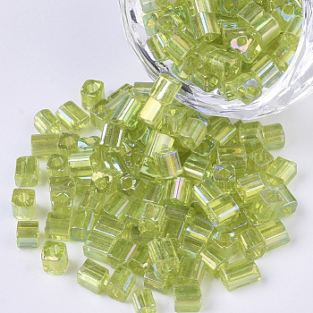 6/0 Glass Seed Beads, Transparent Colours Rainbow, Square Hole, Cube, Yellow Green, 6/0, 3~5x3~4x3~4mm, Hole: 1.2~1.4mm, about 4500pcs/bag