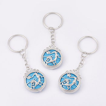 Synthetic Turquoise Keychain, with Iron Key Rings, Flat Round with Dragon, Platinum, 80mm, Pendant: 34.5x26x8.5mm