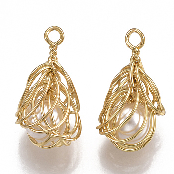 Brass Filigree Pendants, with ABS Plastic Imitation Pearl, Nickel Free, Real 18K Gold Plated, 22.5x12.5x12.5mm, Hole: 1.5mm