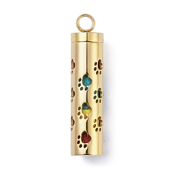Ion Plating(IP) Openable 304 Stainless Steel Perfume Bottle Pendants, with Perfume Pad, Column with Paw Print Charm, Golden, 43x9.5mm, Hole: 4mm