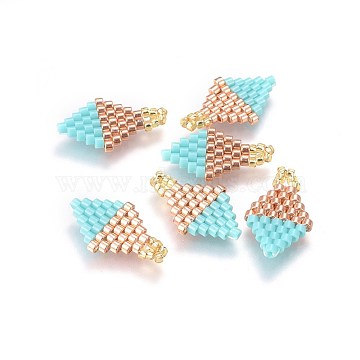 MIYUKI & TOHO Handmade Japanese Seed Beads Pendants, Loom Pattern, Rhombus, Turquoise, 16~17x10x1.7mm, Hole: 1.8mm(SEED-A027-OA03)