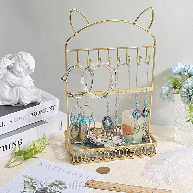 1Pc Cat Ear Iron Jewelry Organizer Display Stands with Wooden Base(ODIS-SC0001-02)-3