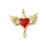 Brass Enamel Pendants, Sacred Heart With Wings Charms, Rack Plating, Long-Lasting Plated, Cadmium Free & Lead Free, Real 18K Gold Plated, 31.5x32x3mm, Jump Ring: 5x0.8mm, Inner Diameter: 3.2mm(KK-Z155-14G)