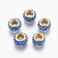 Handmade Polymer Clay European Beads, Large Hole Beads, with Brass Core, Flat Round, Golden, Dodger Blue, 11.5x7mm, Hole: 5mm(CLAY-O002-01G-A)