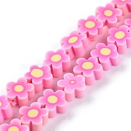 Handmade Flower Printed Polymer Clay Beads Strands, Flower, Pink, 9.6x4mm, Hole: 1.4mm, about 38pcs/Strand, 12.99''(33cm)(CLAY-M003-07E)