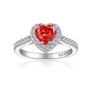 925 Sterling Silver Micro Pave Cubic Zirconia Plain Band Rings, Real Platinum Plated, Flat Round, Red, Inner Diameter: 17mm(RJEW-P103-04P-B)