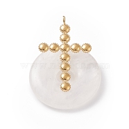 Natural Quartz Crystal Pendants, with Ion Plating(IP) Golden Color Tone 304 Stainless Steel Findings, Religion Cross with Donut/Pi Disc Charm, 36~37x29~30x10~11mm, Hole: 3mm(G-E088-02G-05)