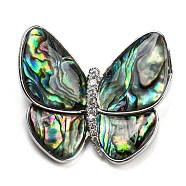 Abalone Shell Broochs, Butterfly with Heart Brass Rhinestone Pins for Women, Platinum, 32x36x9mm, hole: 5x3mm(AJEW-Z010-01P)