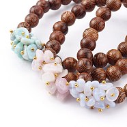 Round Natural Wood Beads Stretch Bracelets Sets, with Natural Blue Lace Agate/Larimar/Kunzite Chip Beads, Inner Diameter: 2-1/8 inch(5.5cm), 3pcs/set(BJEW-JB06000)