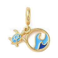 Rack Plating Brass Deep Sky Blue Enamel European Dangle Charms, Turtle & Wave Large Hole Pendants, Cadmium Free & Lead Free, Long-Lasting Plated, Real 18K Gold Plated, 25mm, Hole: 5mm(X-KK-P279-35G)