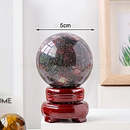 Natural Rhodonite Crystal Ball Display Decorations, Reiki Energy Stone Sphere, with Wood Base, Feng Shui Ornaments, 45~50mm(PW-WG27983-01)