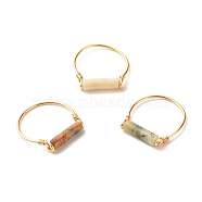Natural Jade Column Beads Finger Ring, Brass Simple Wire Wrap Ring for Girl Women, Golden, US Size 8 1/2(18.5mm)(RJEW-JR00404-03)