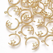 Brass Charms, Moon with Star, Real 18K Gold Plated, 14x10.5x3mm, Hole: 1.4mm(X-KK-S348-298)