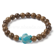 Natural Wood Round & Synthetic Turquoise Turtle Beaded Stretch Bracelet for Women, Inner Diameter: 2-1/8 inch(5.5cm)(BJEW-JB09699-06)