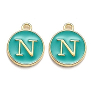 Golden Plated Alloy Enamel Charms, Enamelled Sequins, Flat Round with Alphabet, Letter.N, Green, 14x12x2mm, Hole: 1.5mm(X-ENAM-Q437-15N)