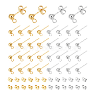 202 Stainless Steel Ball Stud Earring Findings, with 304 Stainless Steel Pins, Ear Nuts and Loop, Round, Golden & Stainless Steel Color, Earring Findings: 15mm, Hole: 2mm, Pin: 0.7mm, 40pcs/box, Ear Nuts: 40pcs/box(STAS-UN0004-66)