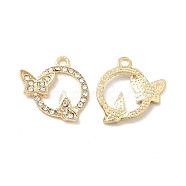 Alloy Crystal Rhinestone Pendants, Ring Charms with Double Butterflys, Nickel, Light Gold, 18.5x19x2mm, Hole: 1.8mm(FIND-H039-51LG)