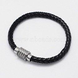Braided Leather Cord Bracelets, with 304 Stainless Steel Magnetic Clasps, Black, 200x6mm(BJEW-I199-08)