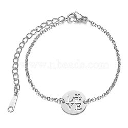 201 Stainless Steel Link Bracelets, with Cable Chains and Lobster Claw Clasps, Flat Round with LOVE, Stainless Steel Color, 6 inch~6-3/4 inch(15~17.5cm), 1.5mm(STAS-T040-JN012-1)