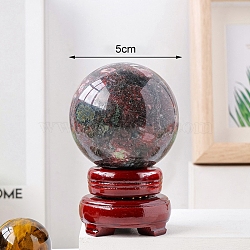 Natural Rhodonite Crystal Ball Display Decorations, Reiki Energy Stone Sphere, with Wood Base, Feng Shui Ornaments, 45~50mm(PW-WG27983-01)