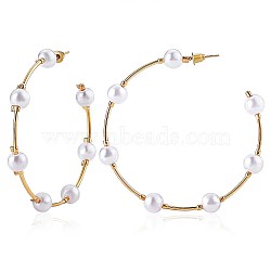 Shell Pearl Beaded Big Circle Stud Earrings, Alloy Half Hoop Earrings for Women, Golden, 65mm, Pin: 0.8mm(JE988A)